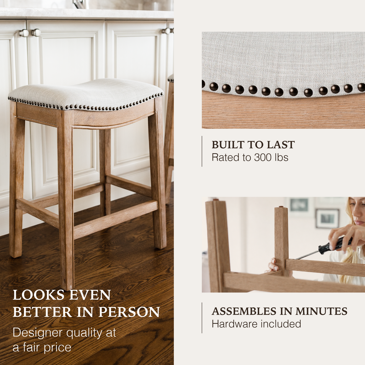 Adrien Saddle Counter Stool in Natural Finish with Light Grey Fabric Upholstery in Stools by Maven Lane