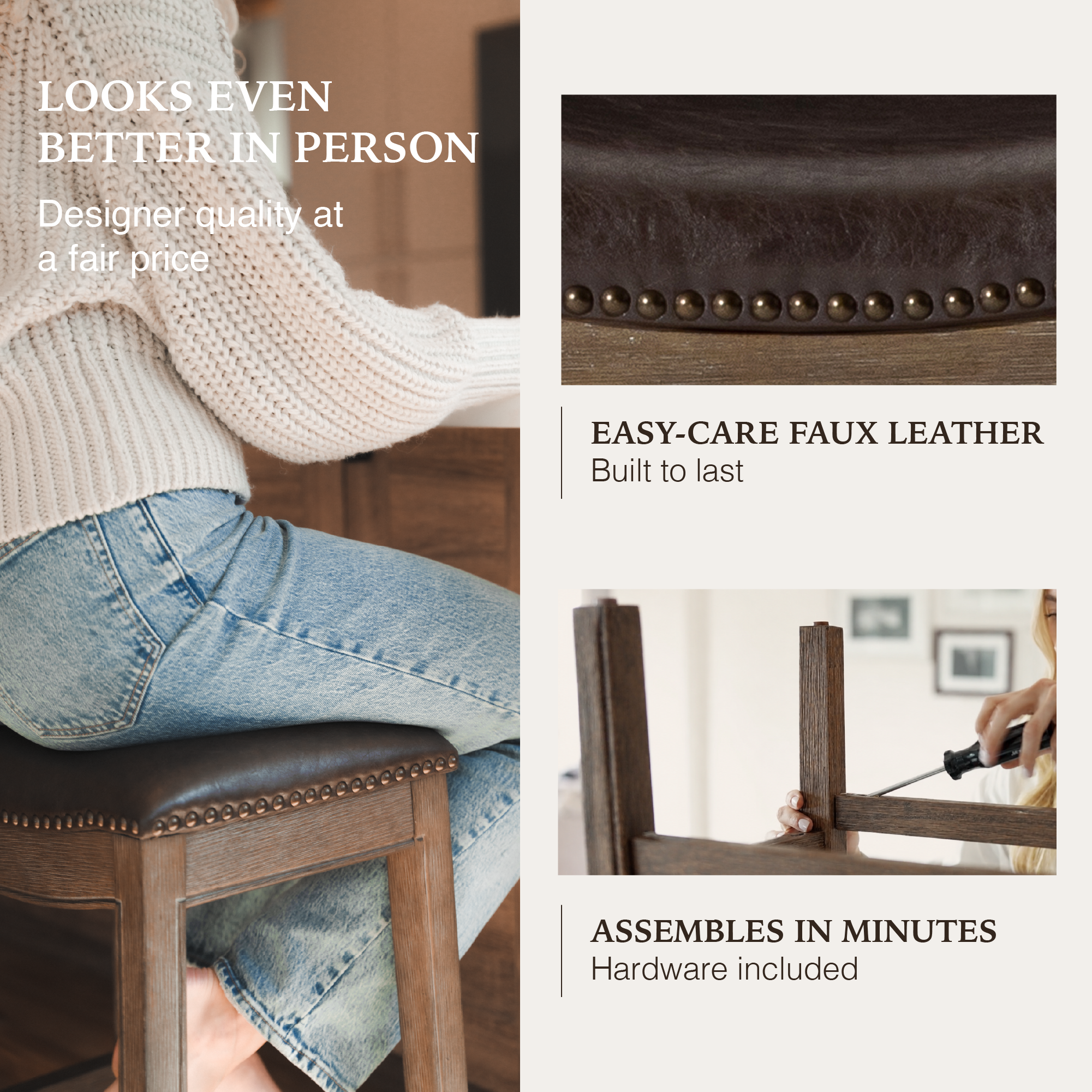 Adrien Saddle Counter Stool in Brown Finish with Dark Brown Faux Leather in Stools by Maven Lane