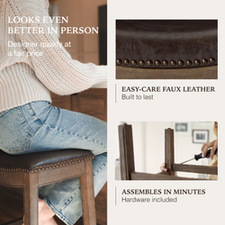 Adrien Saddle Counter Stool in Brown Finish with Dark Brown Faux Leather in Stools by Maven Lane