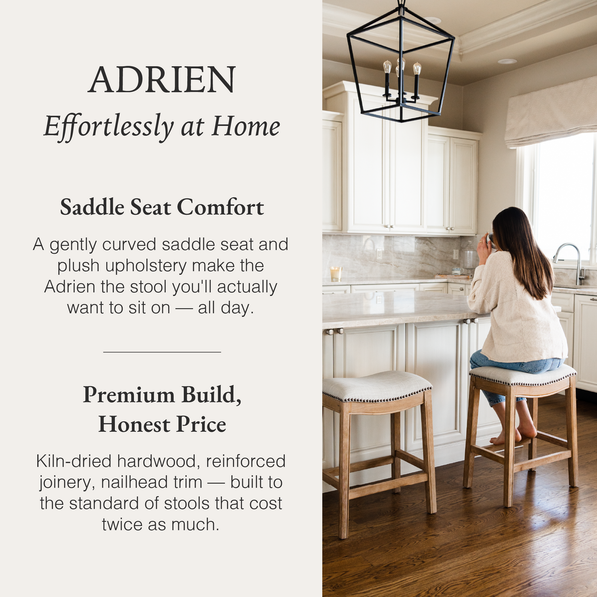 Adrien Saddle Counter Stool in Natural Finish with Light Grey Fabric Upholstery in Stools by Maven Lane