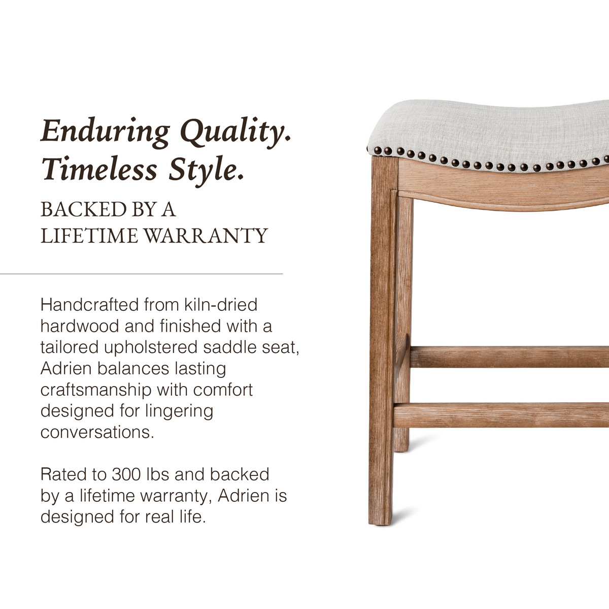 Adrien Saddle Counter Stool in Natural Finish with Light Grey Fabric Upholstery in Stools by Maven Lane