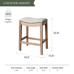 Adrien Saddle Counter Stool in Natural Finish with Light Grey Fabric Upholstery in Stools by Maven Lane