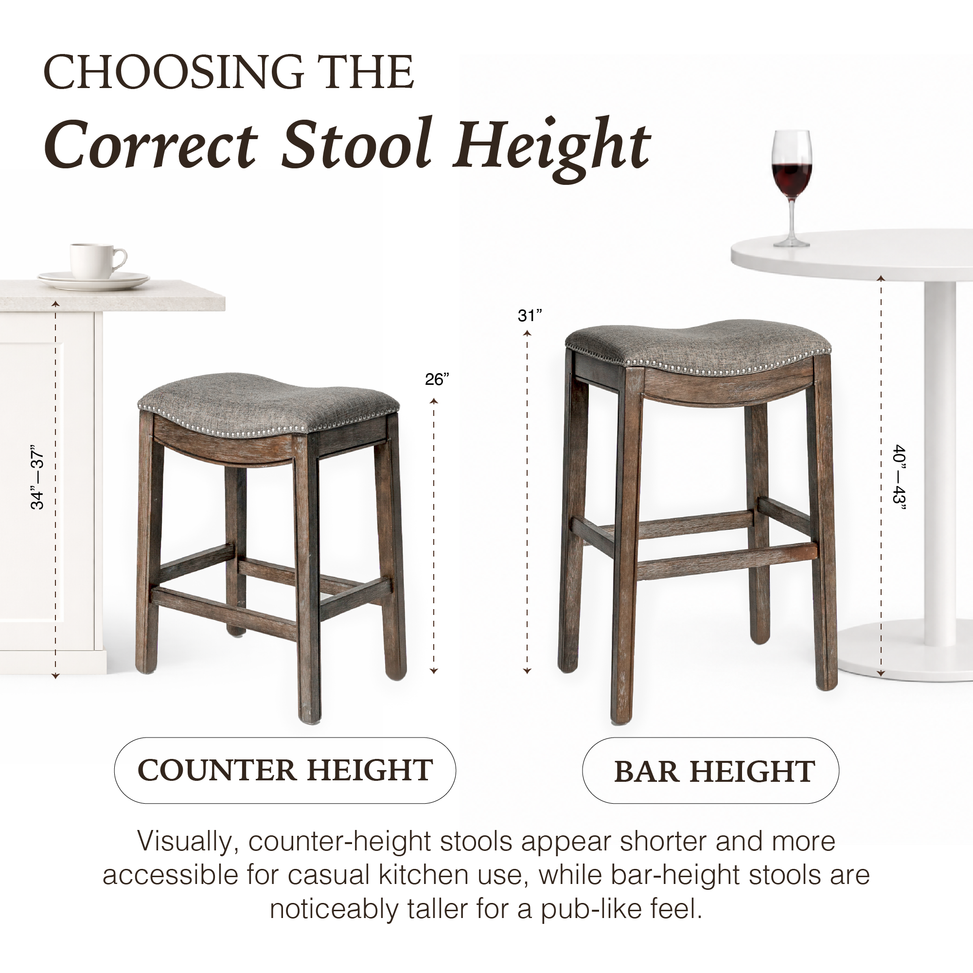 Adrien Saddle Counter Stool in Brown Finish with Grey Fabric in Stools by Maven Lane