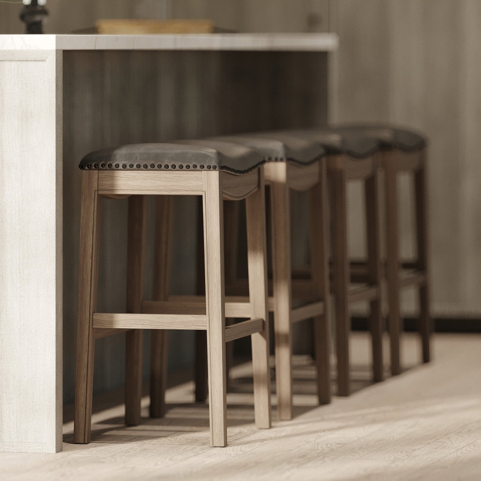 Adrien Saddle Bar Stool In Reclaimed Oak Finish With Ronan Stone Vegan Leather in Stools by Maven Lane