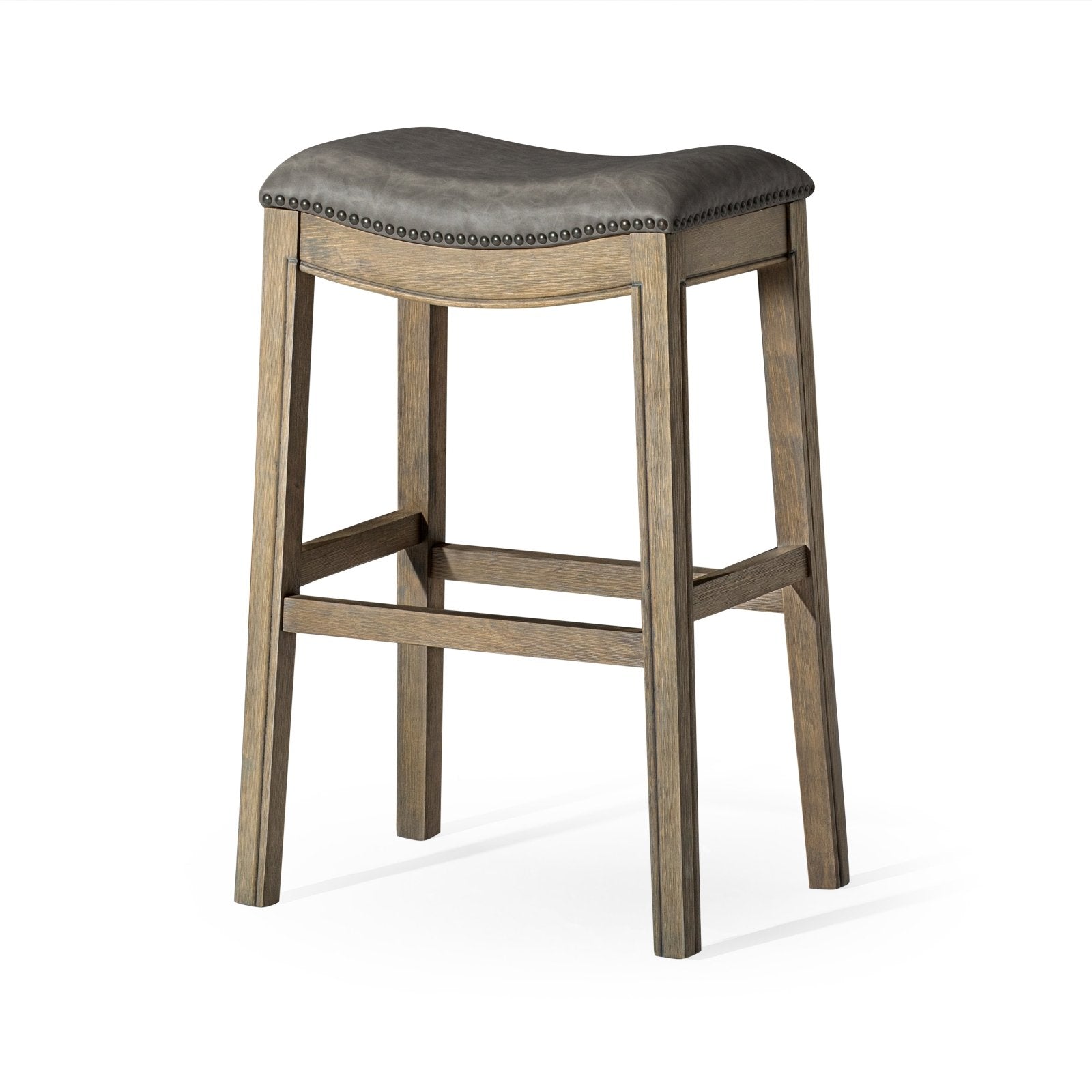 Adrien Saddle Bar Stool In Reclaimed Oak Finish With Ronan Stone Vegan Leather in Stools by Maven Lane