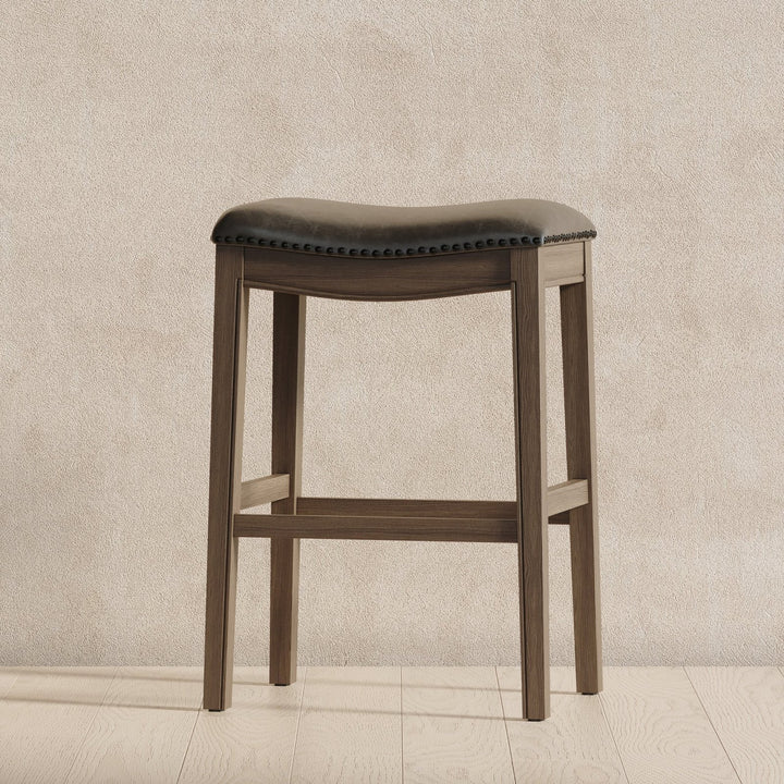 Adrien Saddle Bar Stool In Reclaimed Oak With Ronan Stone Vegan Leather in Stools by Maven Lane