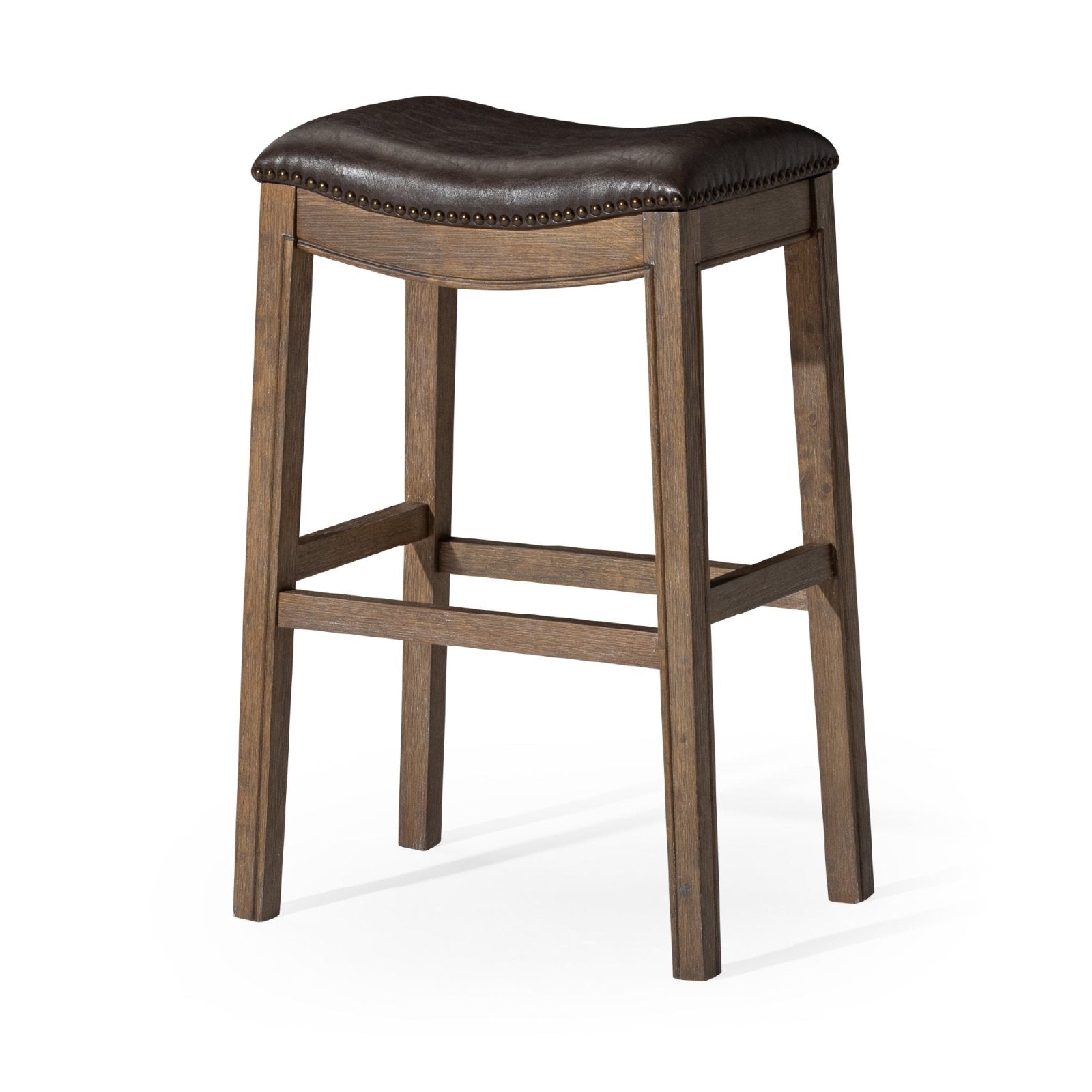 Adrien Saddle Bar Stool In Walnut Finish With Marksman Saddle Vegan Leather in Stools by Maven Lane