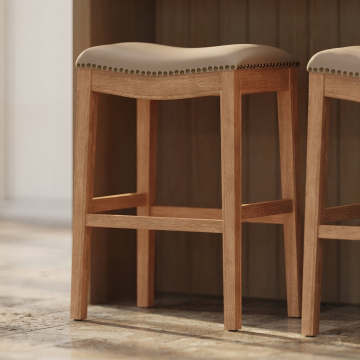 Adrien Saddle Bar Stool In Weathered Oak Finish With Avanti Bone Vegan Leather in Stools by Maven Lane