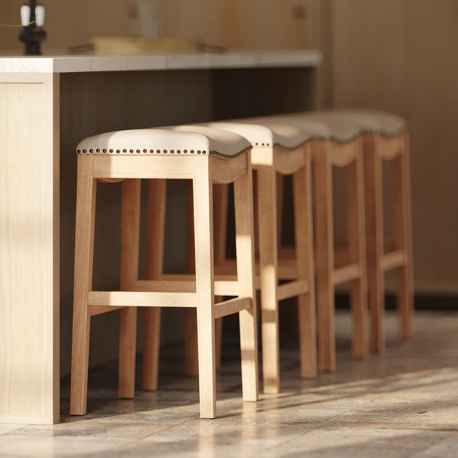 Adrien Saddle Bar Stool In Weathered Oak Finish With Avanti Bone Vegan Leather in Stools by Maven Lane