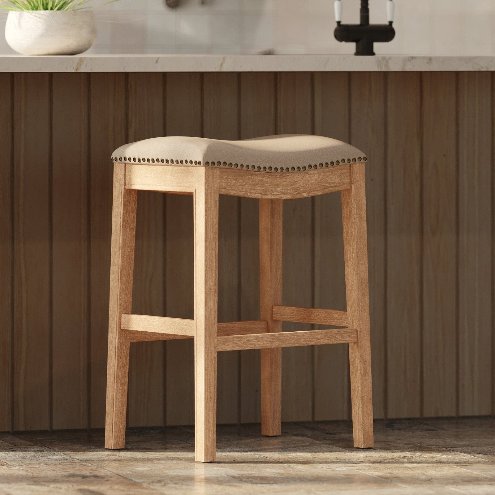 Adrien Saddle Bar Stool In Weathered Oak Finish With Avanti Bone Vegan Leather in Stools by Maven Lane