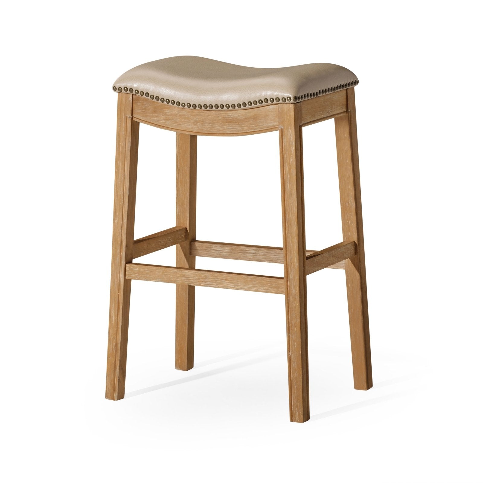 Adrien Saddle Bar Stool In Weathered Oak Finish With Avanti Bone Vegan Leather in Stools by Maven Lane