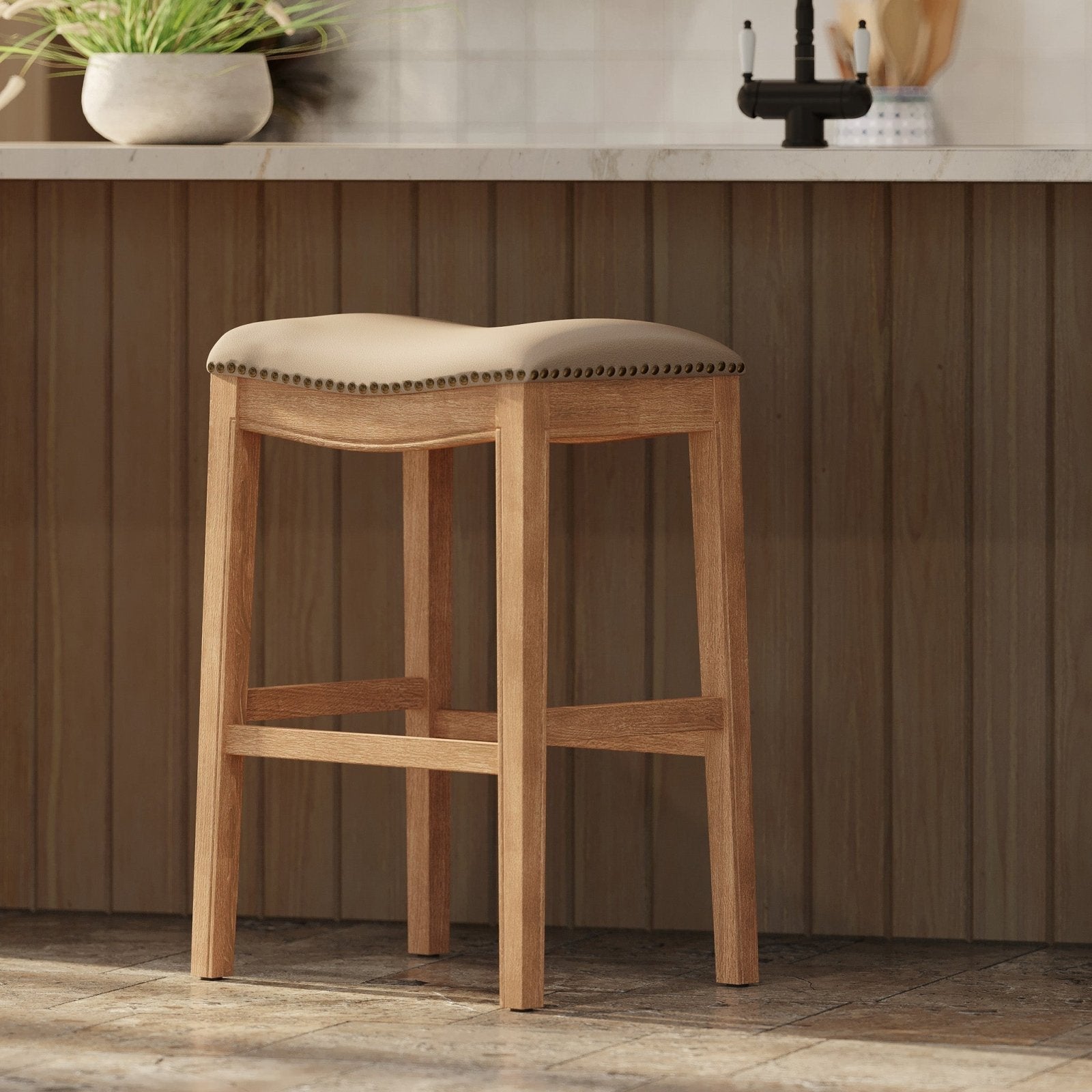 Adrien Saddle Bar Stool In Weathered Oak Finish With Avanti Bone Vegan Leather in Stools by Maven Lane