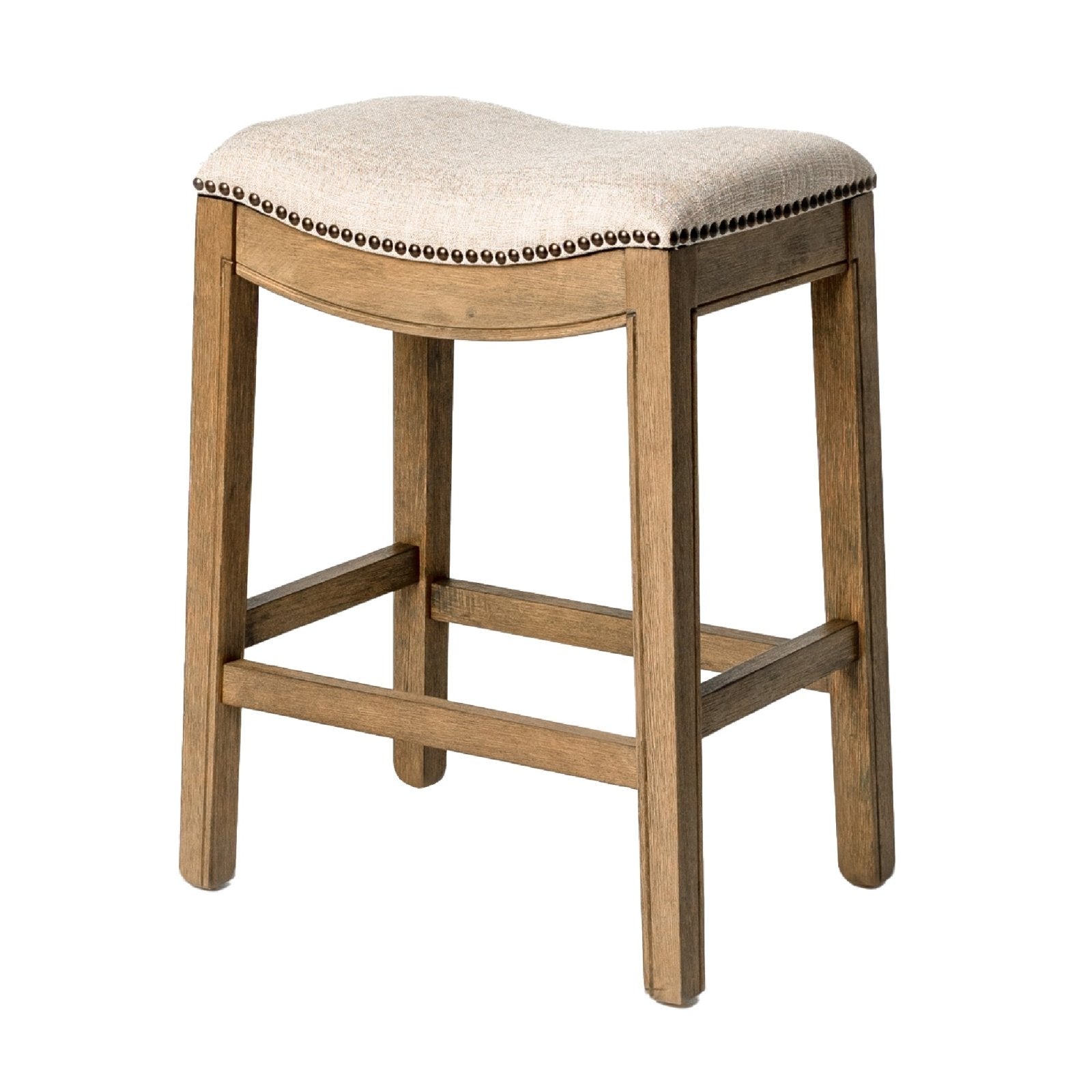 Adrien Saddle Counter Stool in Light Brown Finish and Natural Fabric Upholstery in Stools by Maven Lane