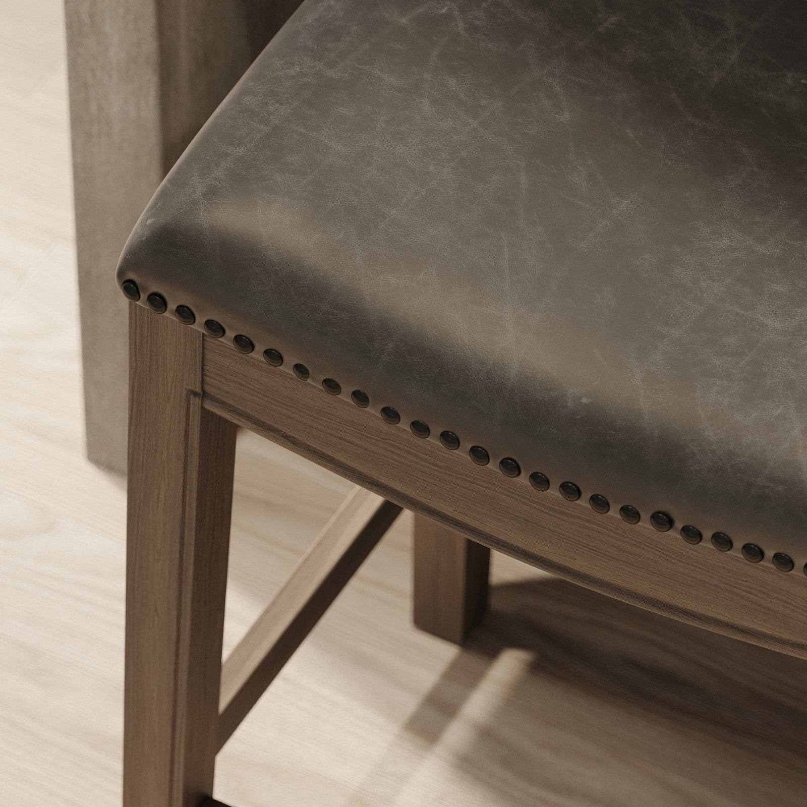 Adrien Saddle Counter Stool In Reclaimed Oak Finish With Ronan Stone Vegan Leather in Stools by Maven Lane