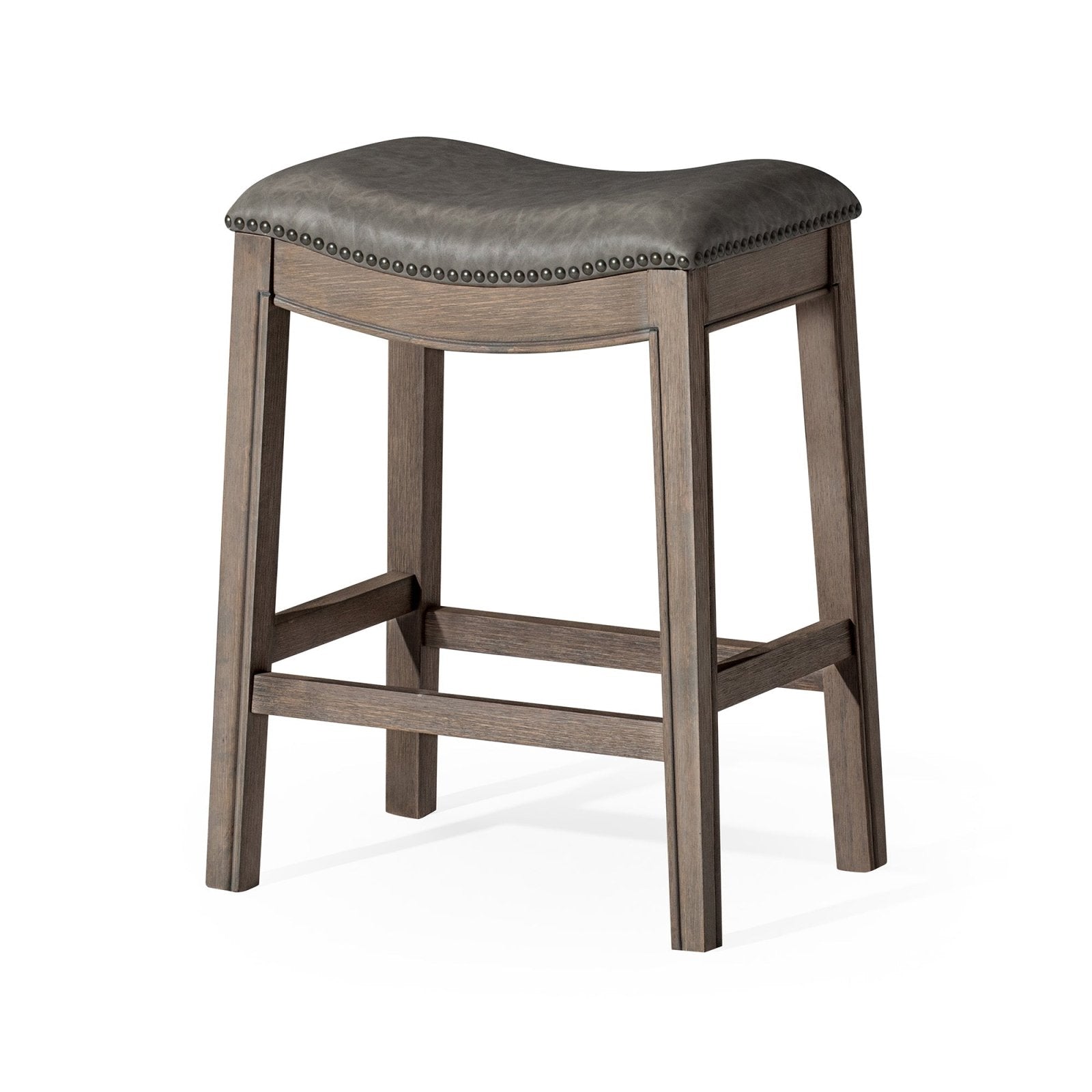 Adrien Saddle Counter Stool In Reclaimed Oak Finish With Ronan Stone Vegan Leather in Stools by Maven Lane