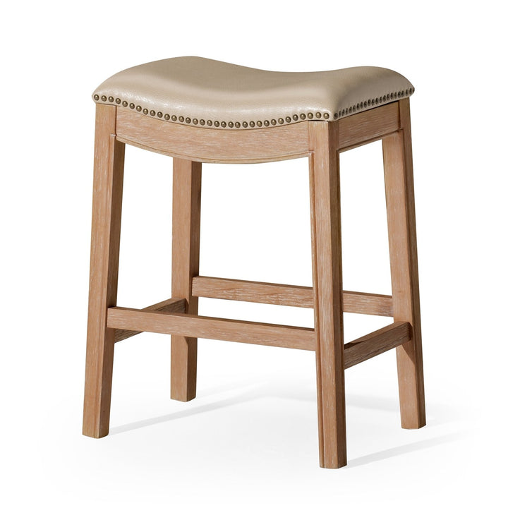 Adrien Saddle Counter Stool in Weathered Oak Finish with Avanti Bone Vegan Leather in Stools by Maven Lane