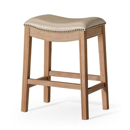 Adrien Saddle Counter Stool in Natural Finish with Beige Faux Leather
