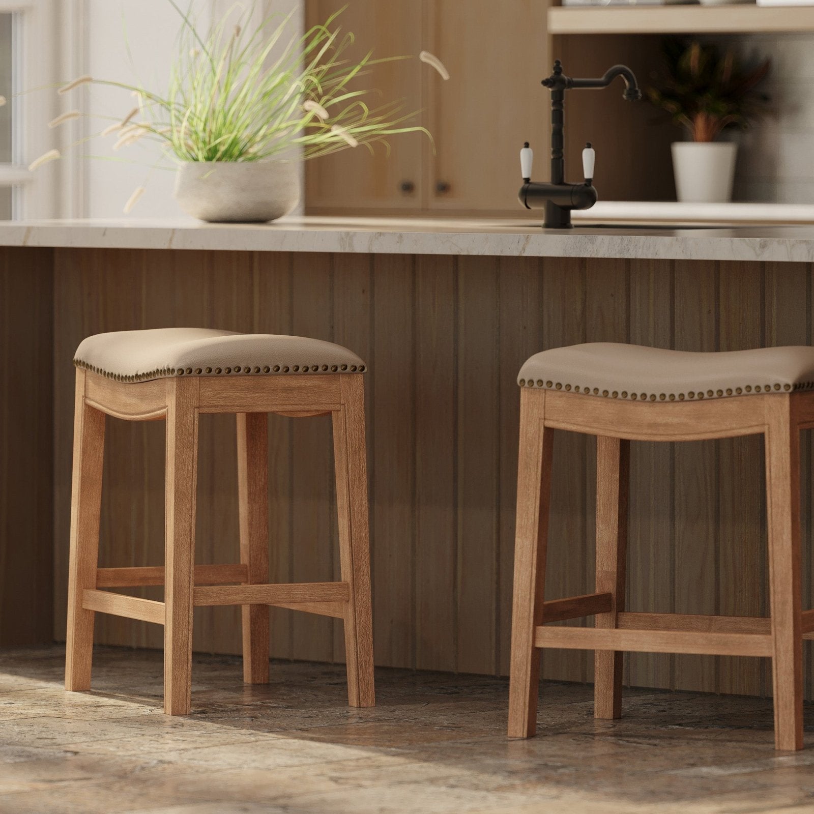 Adrien Saddle Counter Stool in Weathered Oak Finish with Avanti Bone Vegan Leather in Stools by Maven Lane