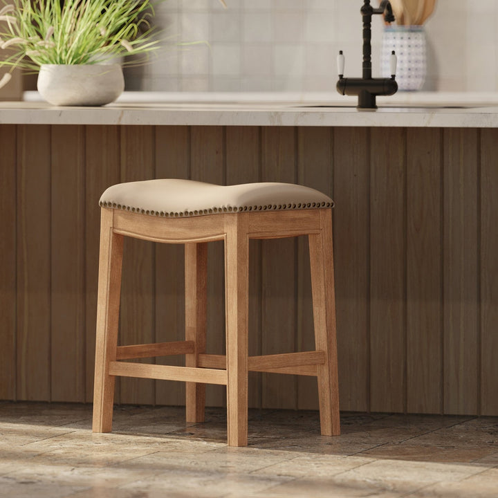 Adrien Saddle Counter Stool in Weathered Oak Finish with Avanti Bone Vegan Leather in Stools by Maven Lane