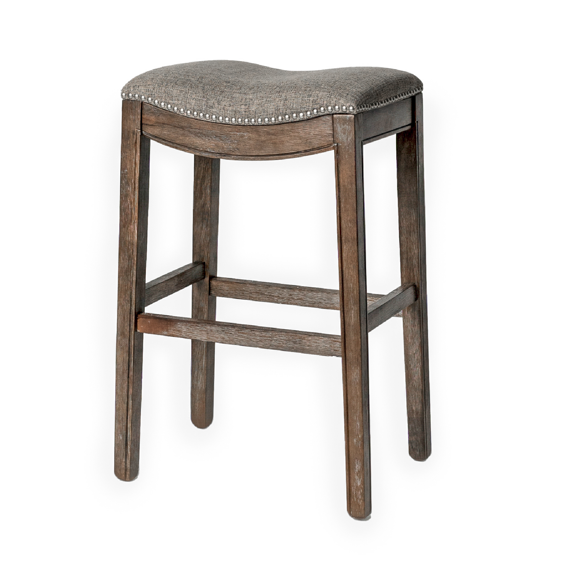 Adrien Saddle Bar Stool in Walnut Finish with Grey Fabric Upholstery