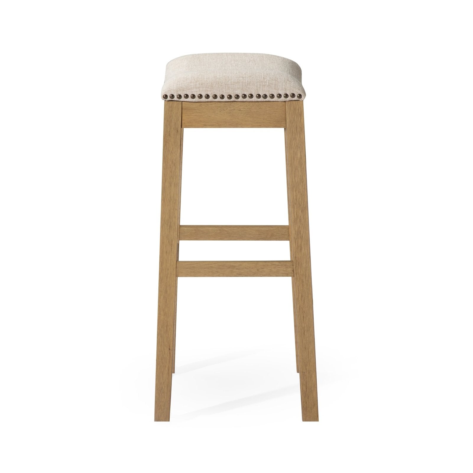 Alex Bar Stool In Aged Natural Finish With Wheat Fabric Upholstery in Stools by Maven Lane