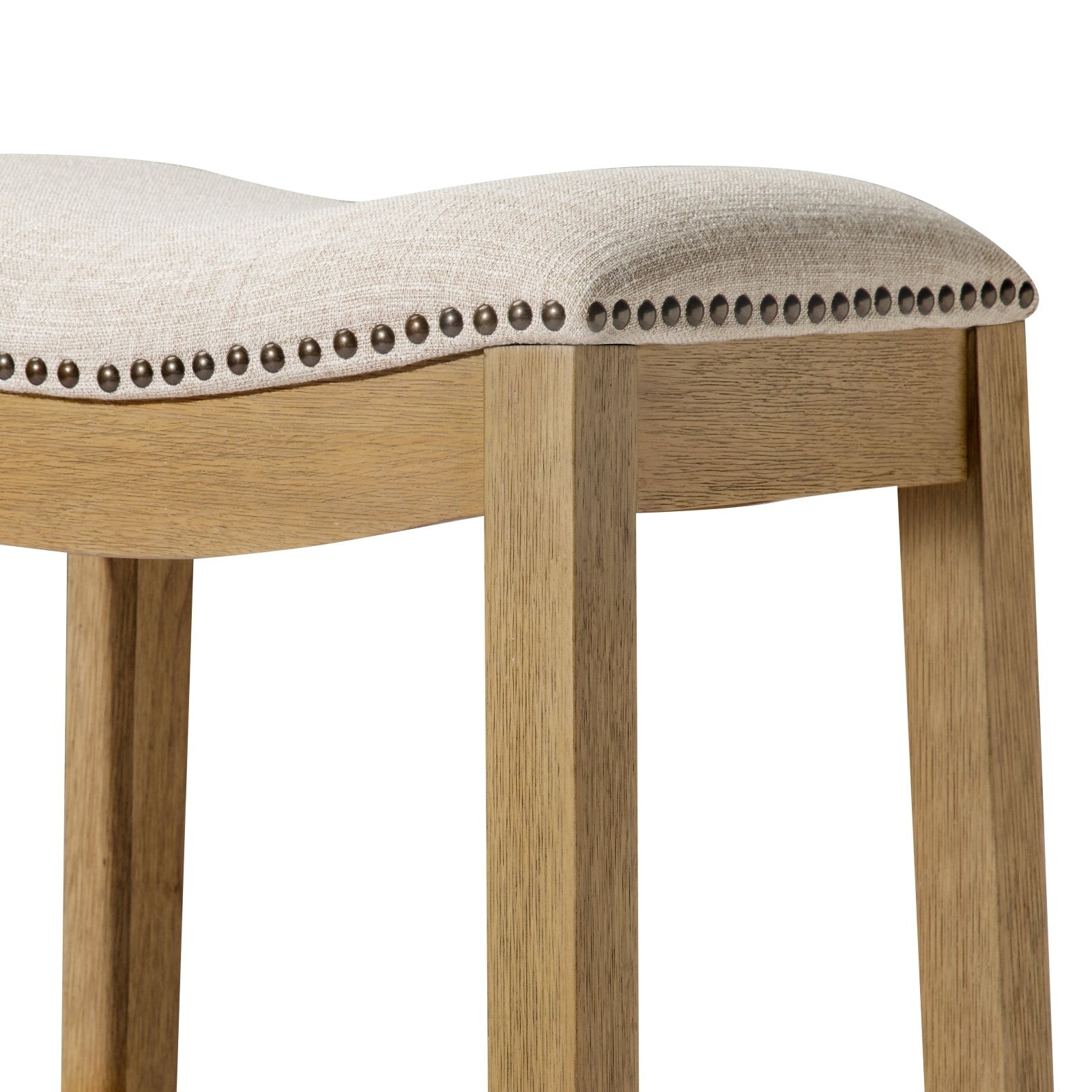 Alex Bar Stool In Aged Natural Finish With Wheat Fabric Upholstery in Stools by Maven Lane