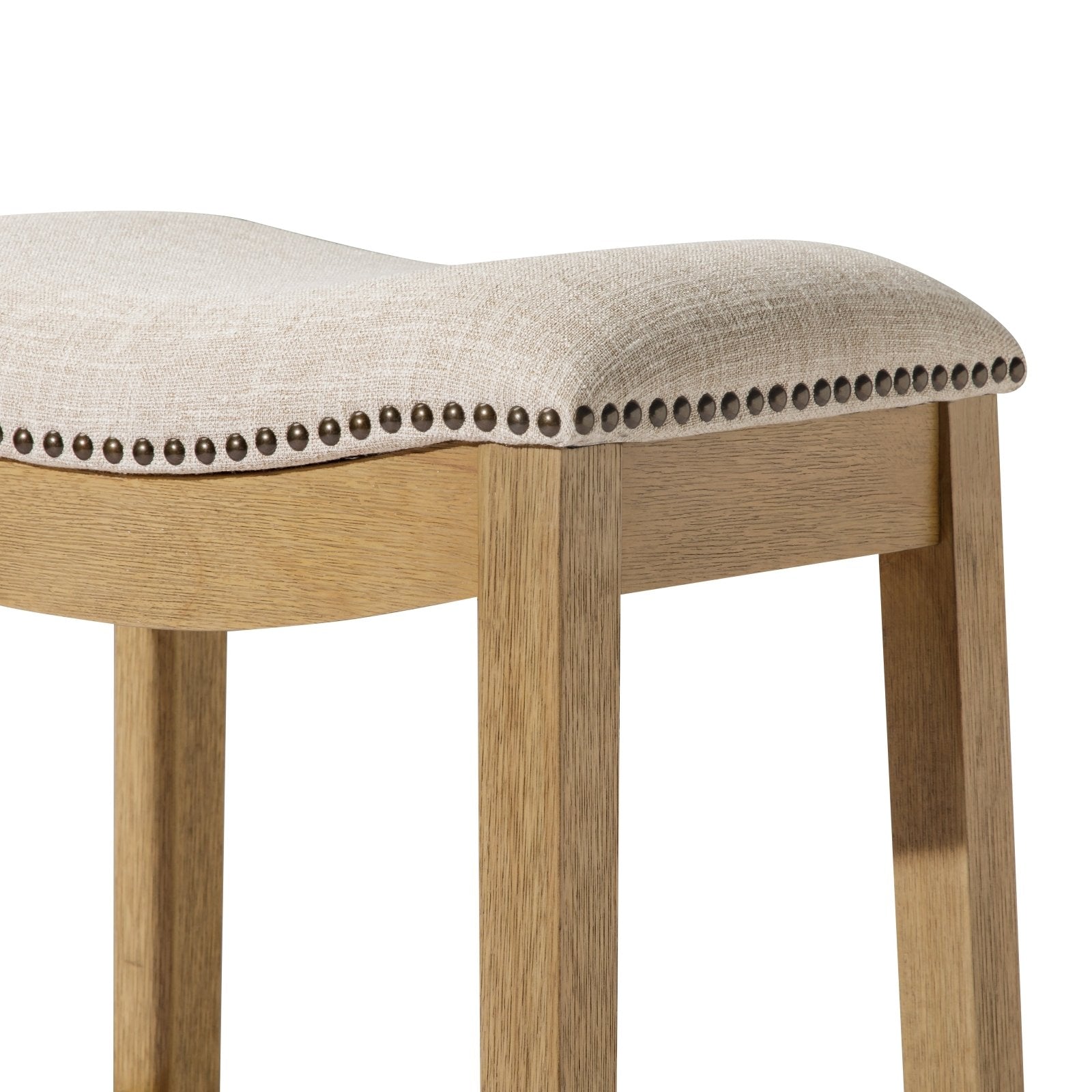 Alex Counter Stools In Aged Natural Finish With Wheat Fabric Upholstery in Stools by Maven Lane