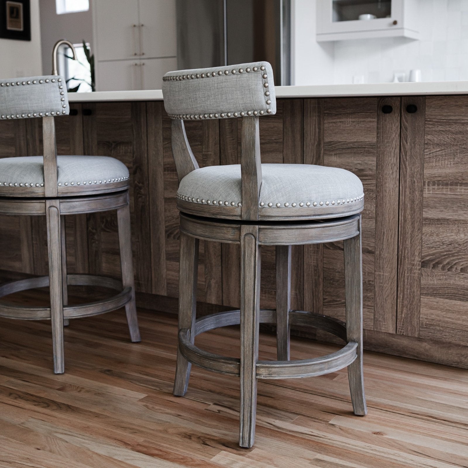 Alexander Counter Stool in Reclaimed Oak Finish with Ash Grey Fabric Upholstery in Stools by Maven Lane