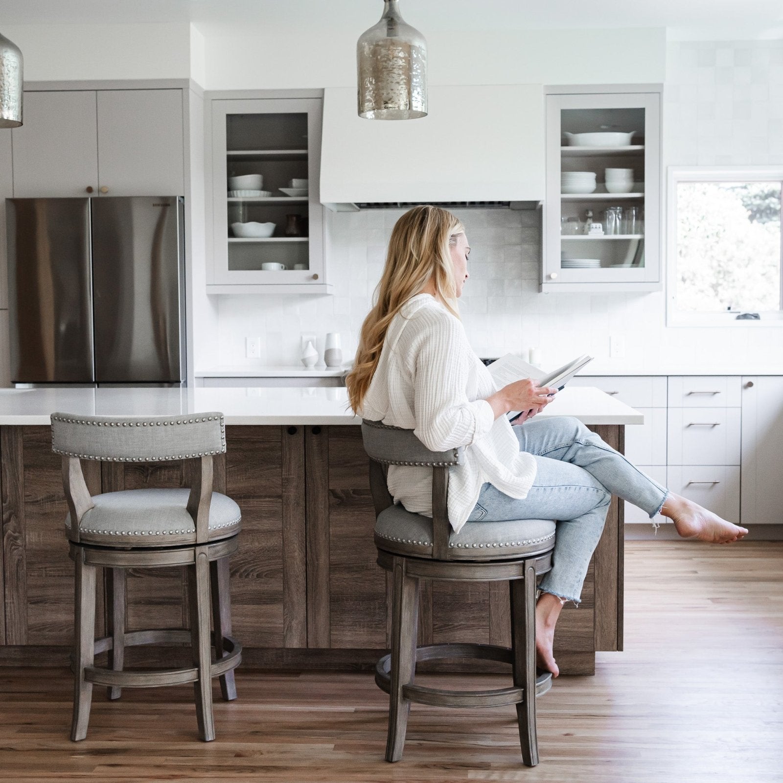 Alexander Counter Stool in Reclaimed Oak Finish with Ash Grey Fabric Upholstery in Stools by Maven Lane