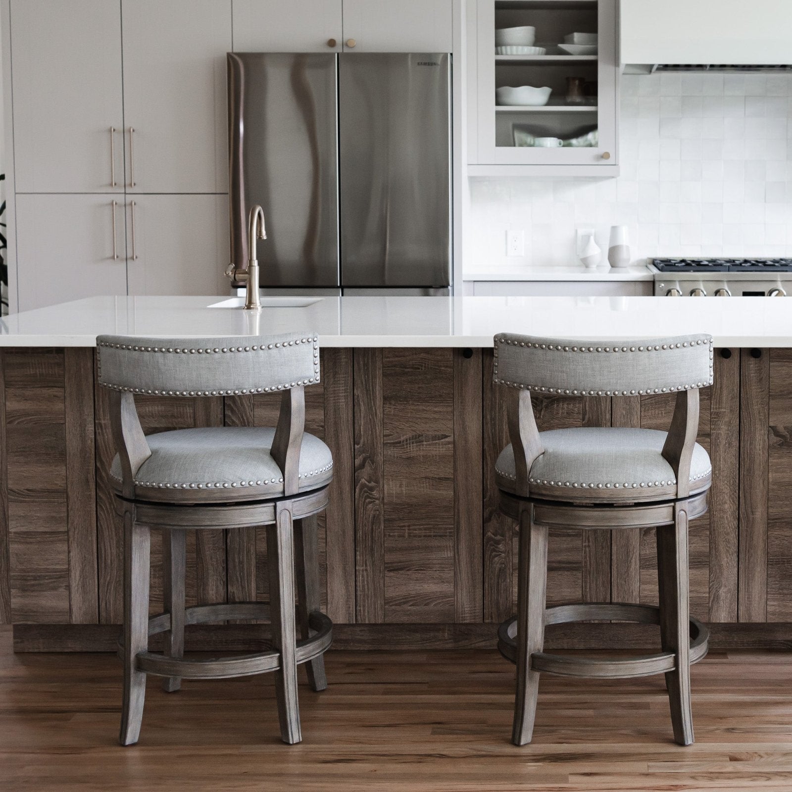 Alexander Counter Stool in Reclaimed Oak Finish with Ash Grey Fabric Upholstery in Stools by Maven Lane