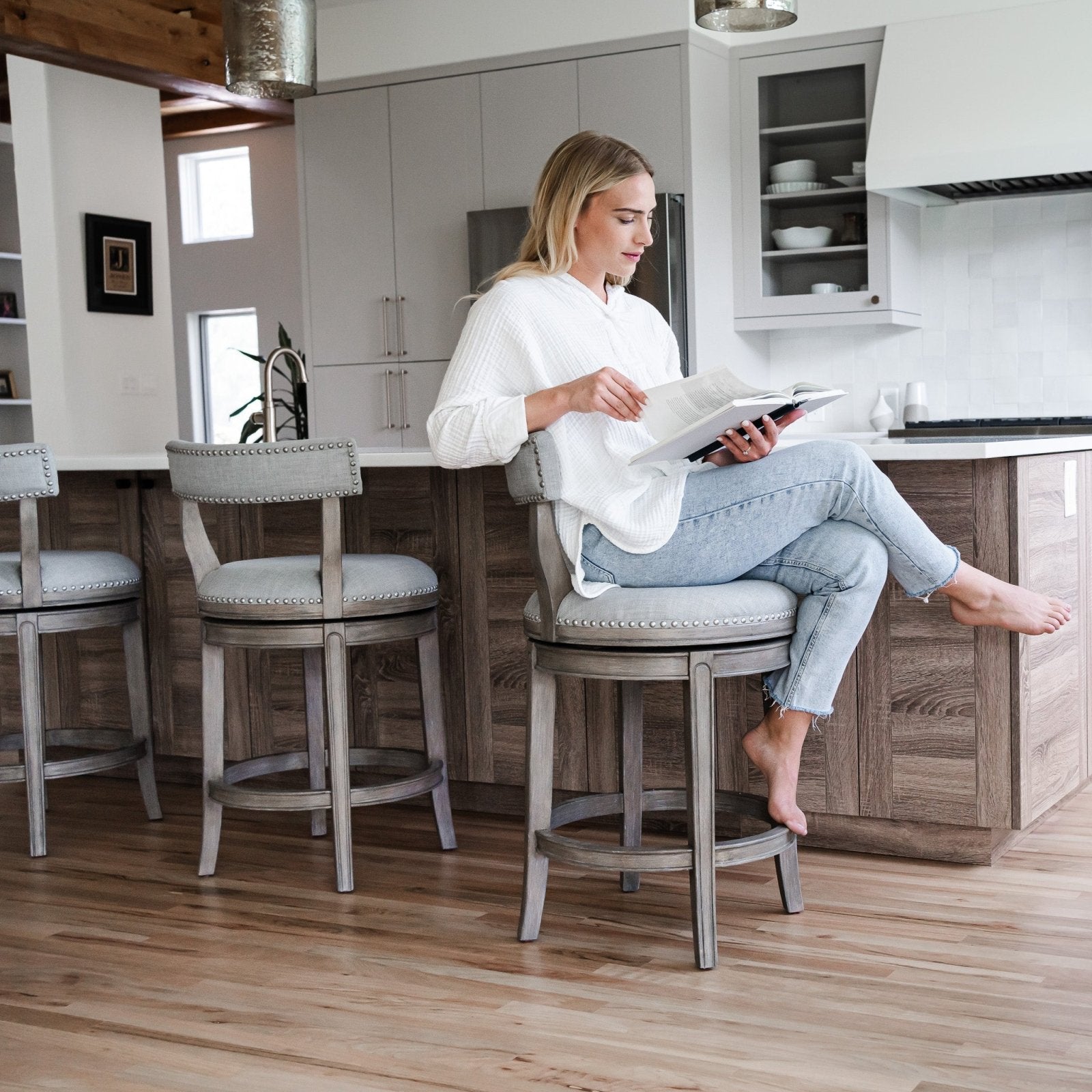 Alexander Counter Stool in Reclaimed Oak Finish with Ash Grey Fabric Upholstery in Stools by Maven Lane