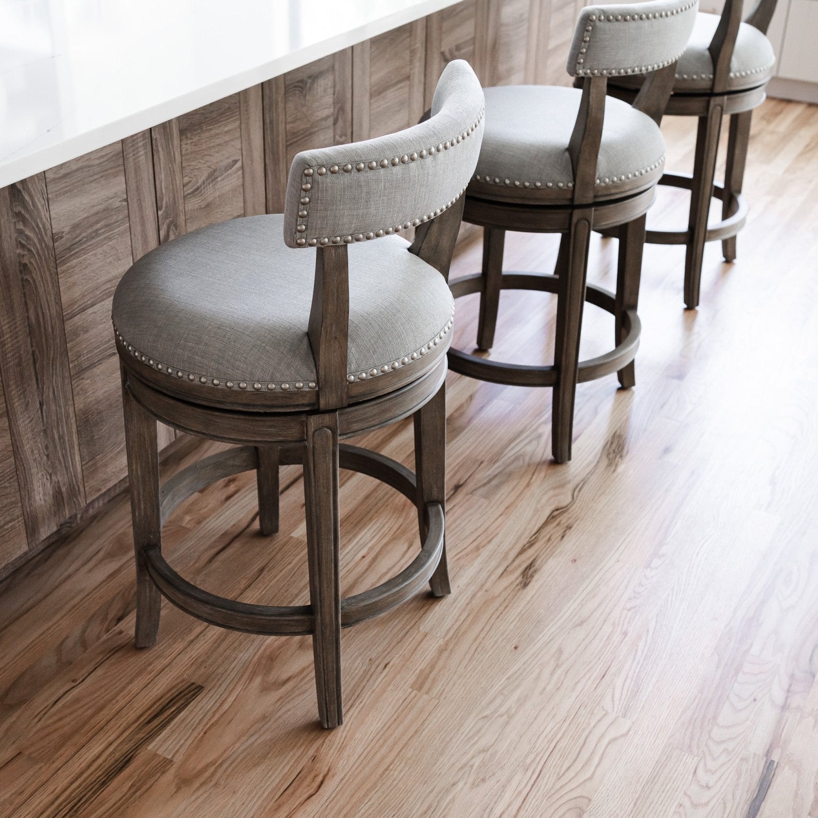 Alexander Counter Stool in Reclaimed Oak Finish with Ash Grey Fabric Upholstery in Stools by Maven Lane