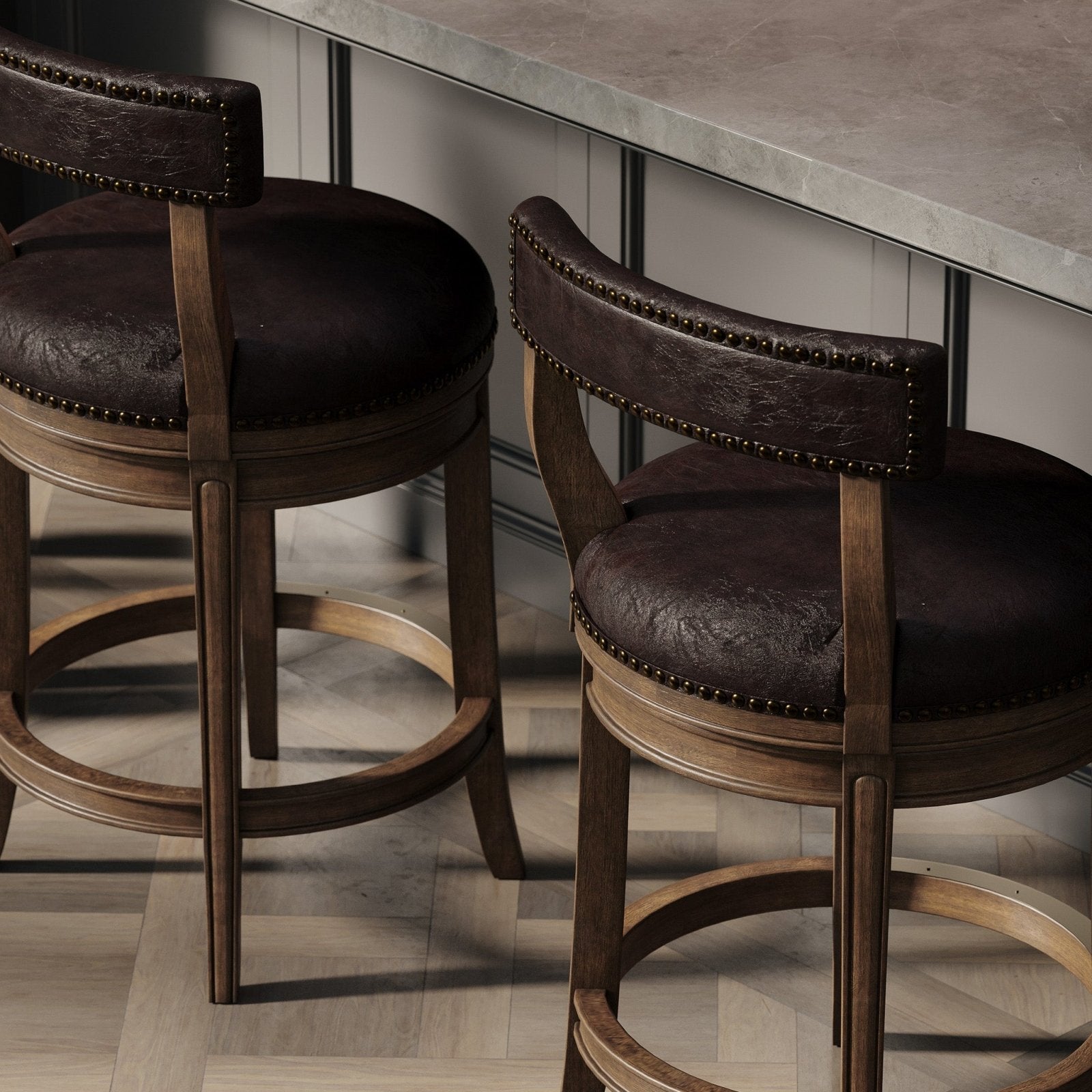 Alexander Counter Stool in Walnut Finish with Marksman Saddle Vegan Leather in Stools by Maven Lane