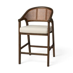 Chloe Counter Stool in Brown Finish with Beige Fabric Upholstery and Honey Rattan Back in Stools by Maven Lane