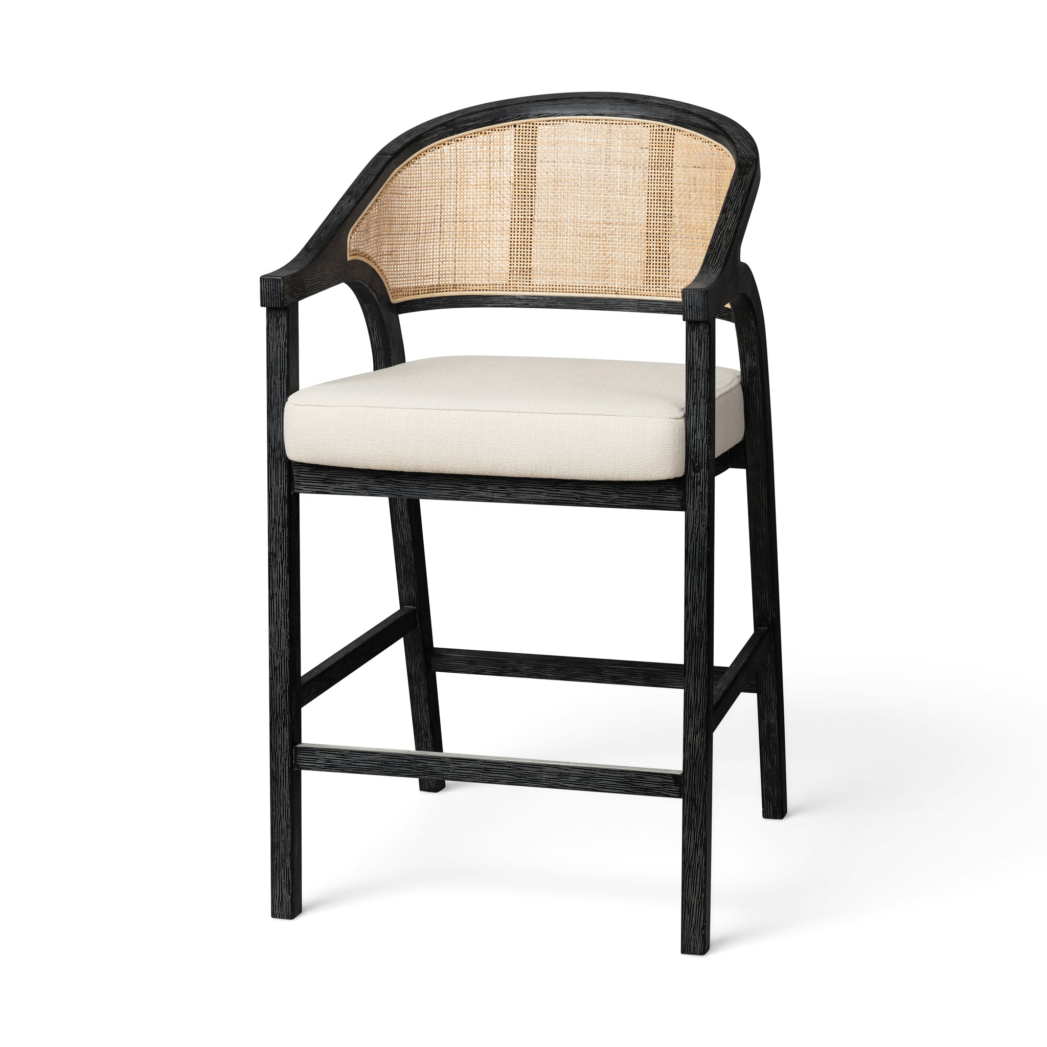 Chloe Counter Stool in Black Finish with Beige Fabric Upholstery and Natural Rattan Back in Stools by Maven Lane