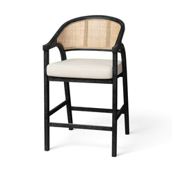 Chloe Counter Stool in Black Finish with Beige Fabric Upholstery and Natural Rattan Back in Stools by Maven Lane