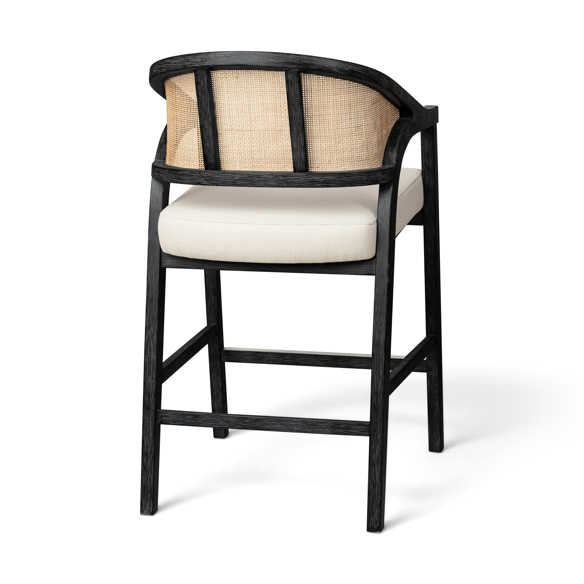 Chloe Counter Stool in Black Finish with Beige Fabric Upholstery and Natural Rattan Back in Stools by Maven Lane