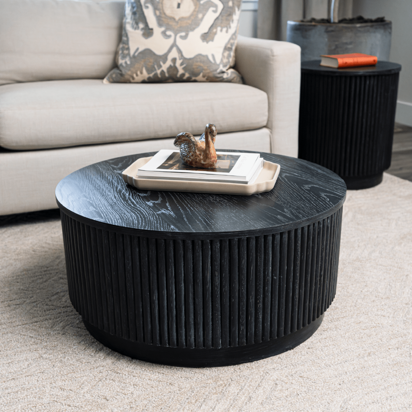 Dallas Round Wooden Coffee Table in Aged Black in Coffee Table by Maven Lane