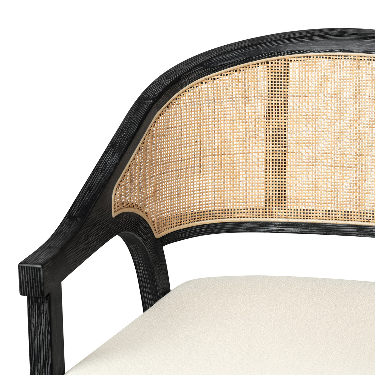 Chloe Counter Stool in Black Finish with Beige Fabric Upholstery and Natural Rattan Back in Stools by Maven Lane