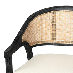 Chloe Counter Stool in Black Finish with Beige Fabric Upholstery and Natural Rattan Back in Stools by Maven Lane