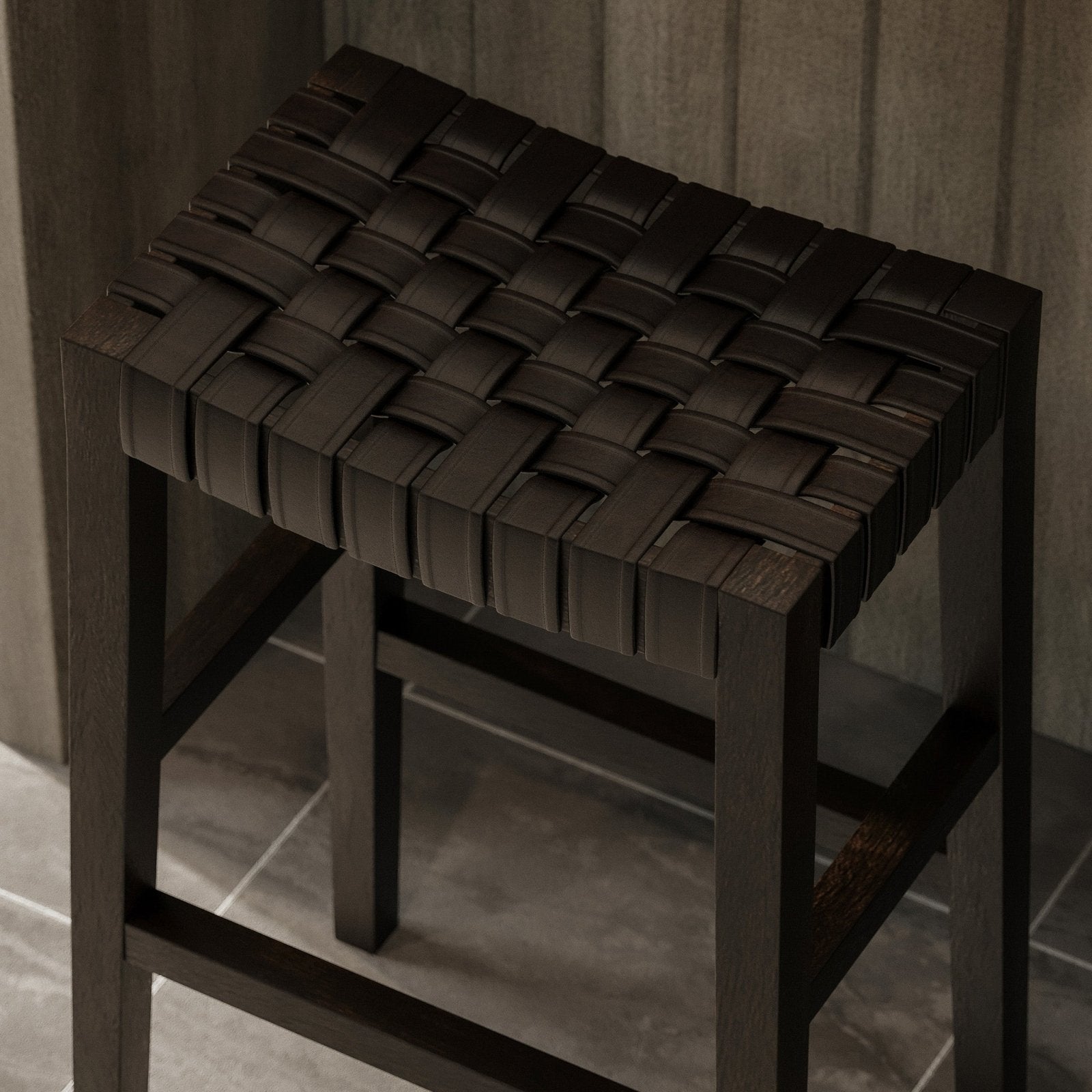 Emerson Bar Stool In Weathered Brown Wood Finish With Marksman Saddle Vegan Leather in Stools by Maven Lane