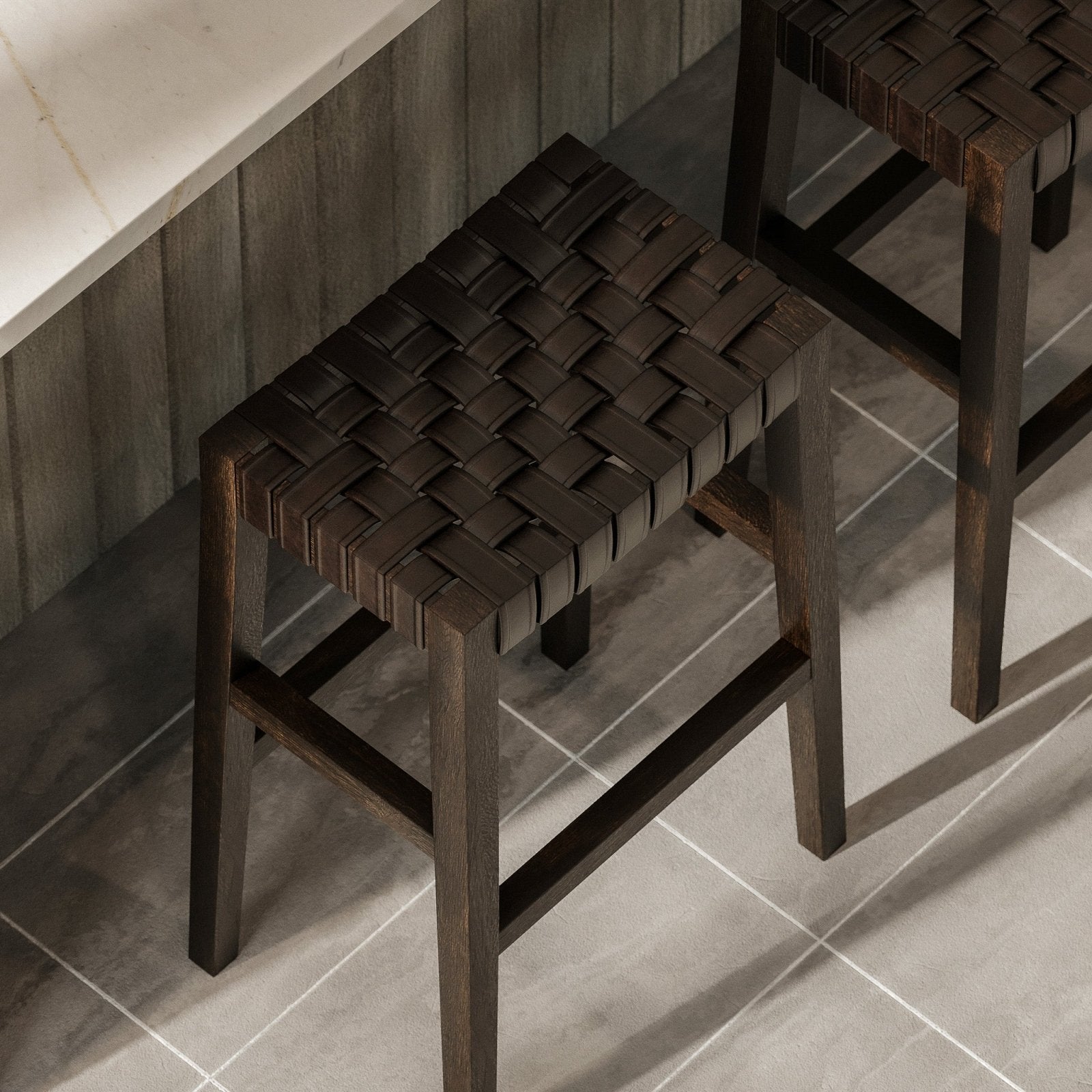 Emerson Bar Stool In Weathered Brown Wood Finish With Marksman Saddle Vegan Leather in Stools by Maven Lane