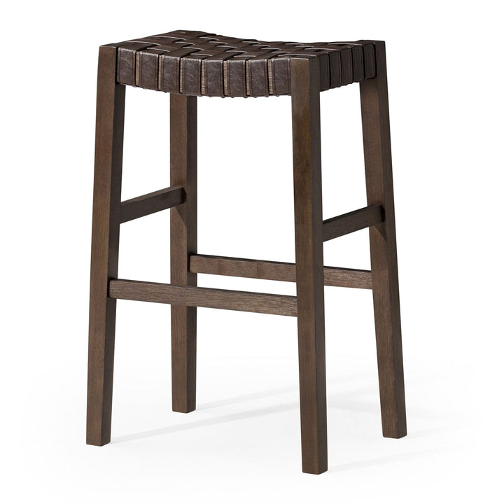 Emerson Bar Stool In Weathered Brown Wood Finish With Marksman Saddle Vegan Leather in Stools by Maven Lane