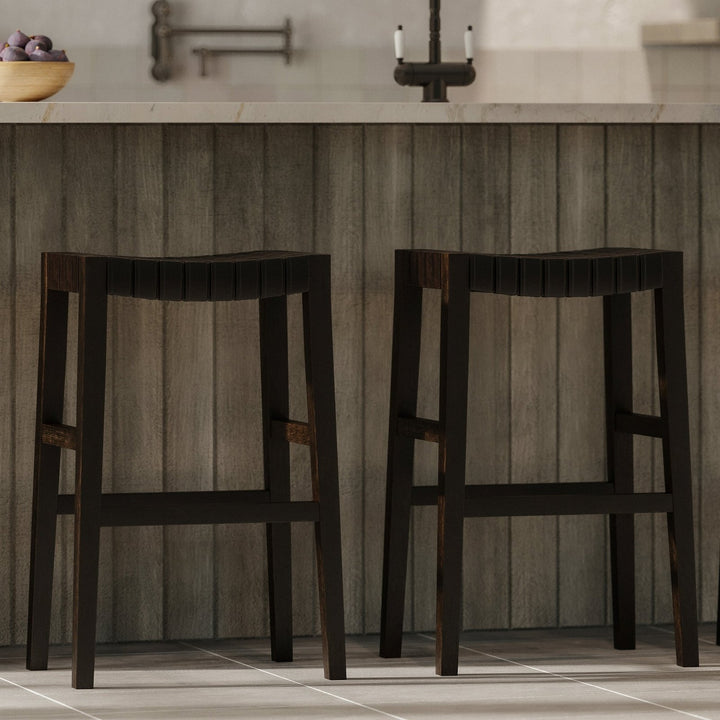 Emerson Bar Stool In Weathered Brown Wood Finish With Marksman Saddle Vegan Leather in Stools by Maven Lane