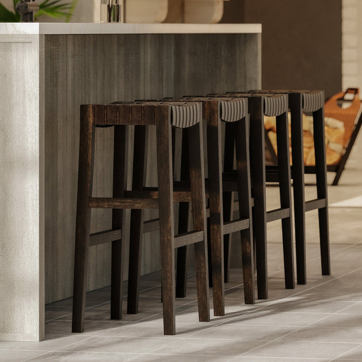 Emerson Bar Stool In Weathered Brown Wood Finish With Marksman Saddle Vegan Leather in Stools by Maven Lane