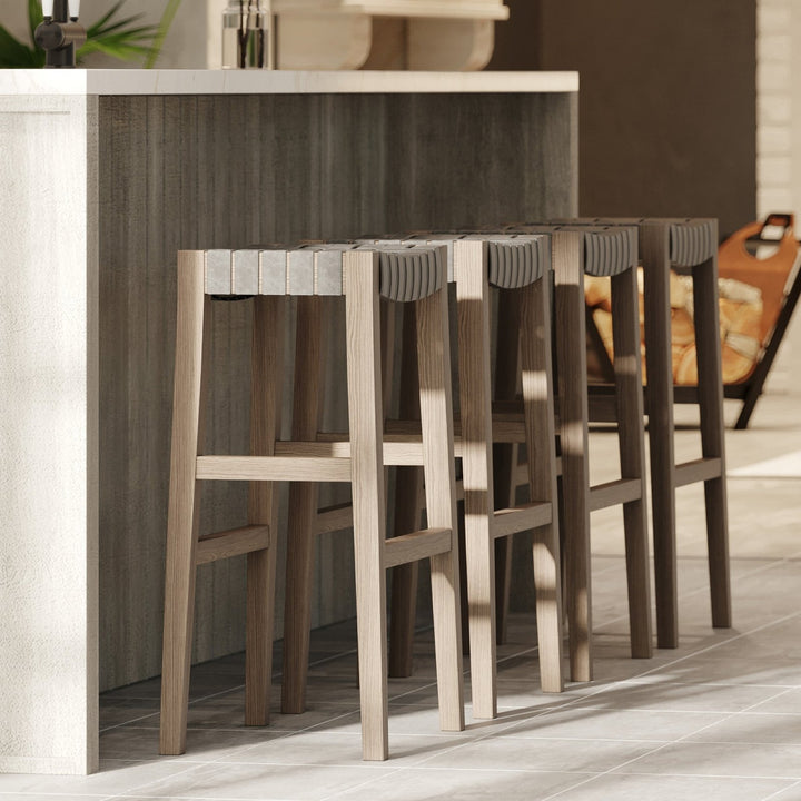 Emerson Bar Stool In Weathered Grey Wood Finish With Ronan Stone Vegan Leather in Stools by Maven Lane