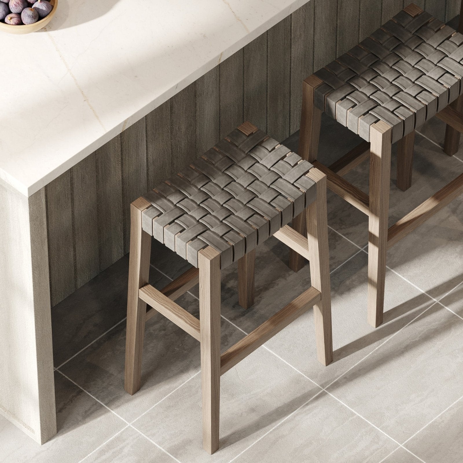 Emerson Bar Stool In Weathered Grey Wood Finish With Ronan Stone Vegan Leather in Stools by Maven Lane