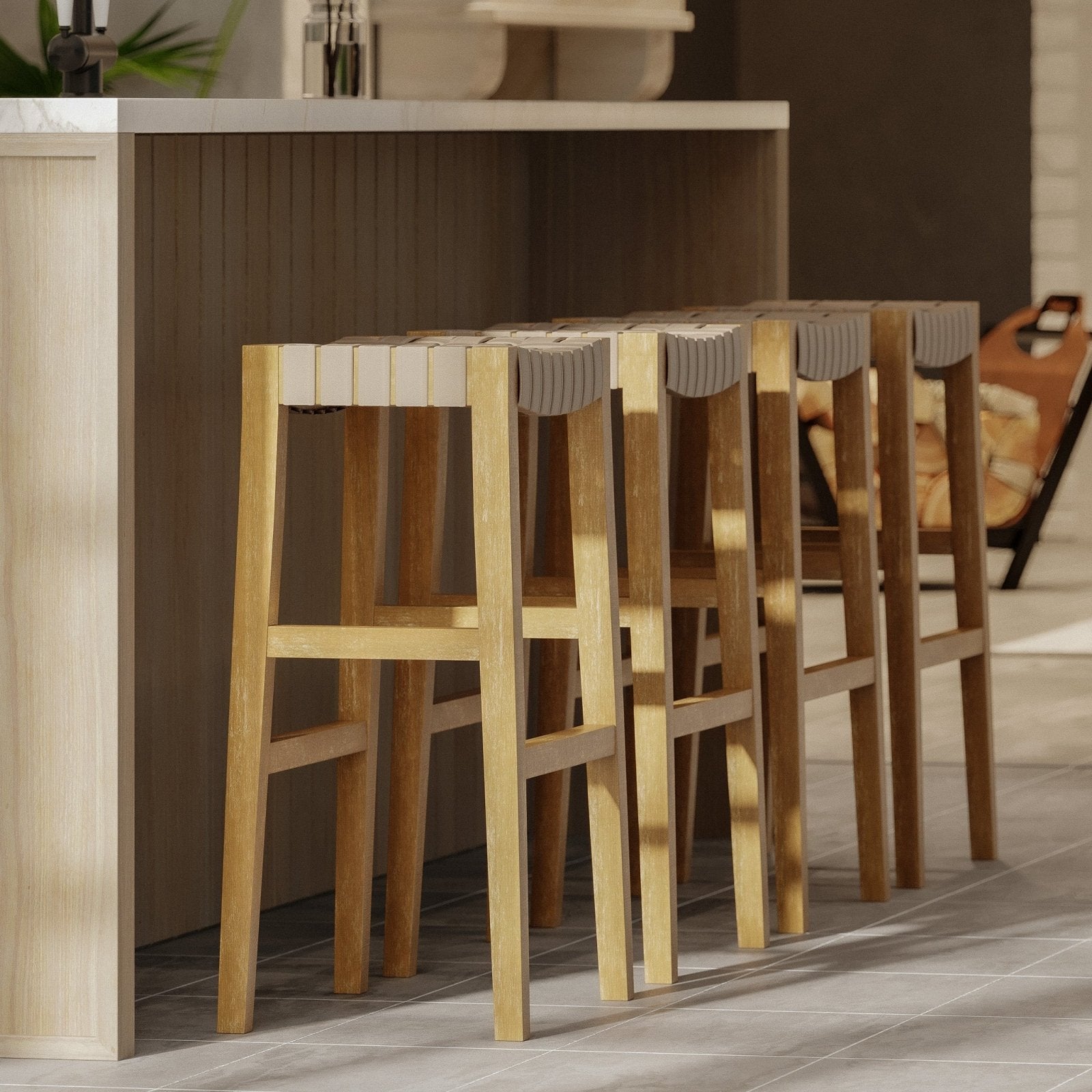 Emerson Bar Stool In Weathered Natural Wood Finish With Avanti Bone Vegan Leather in Stools by Maven Lane