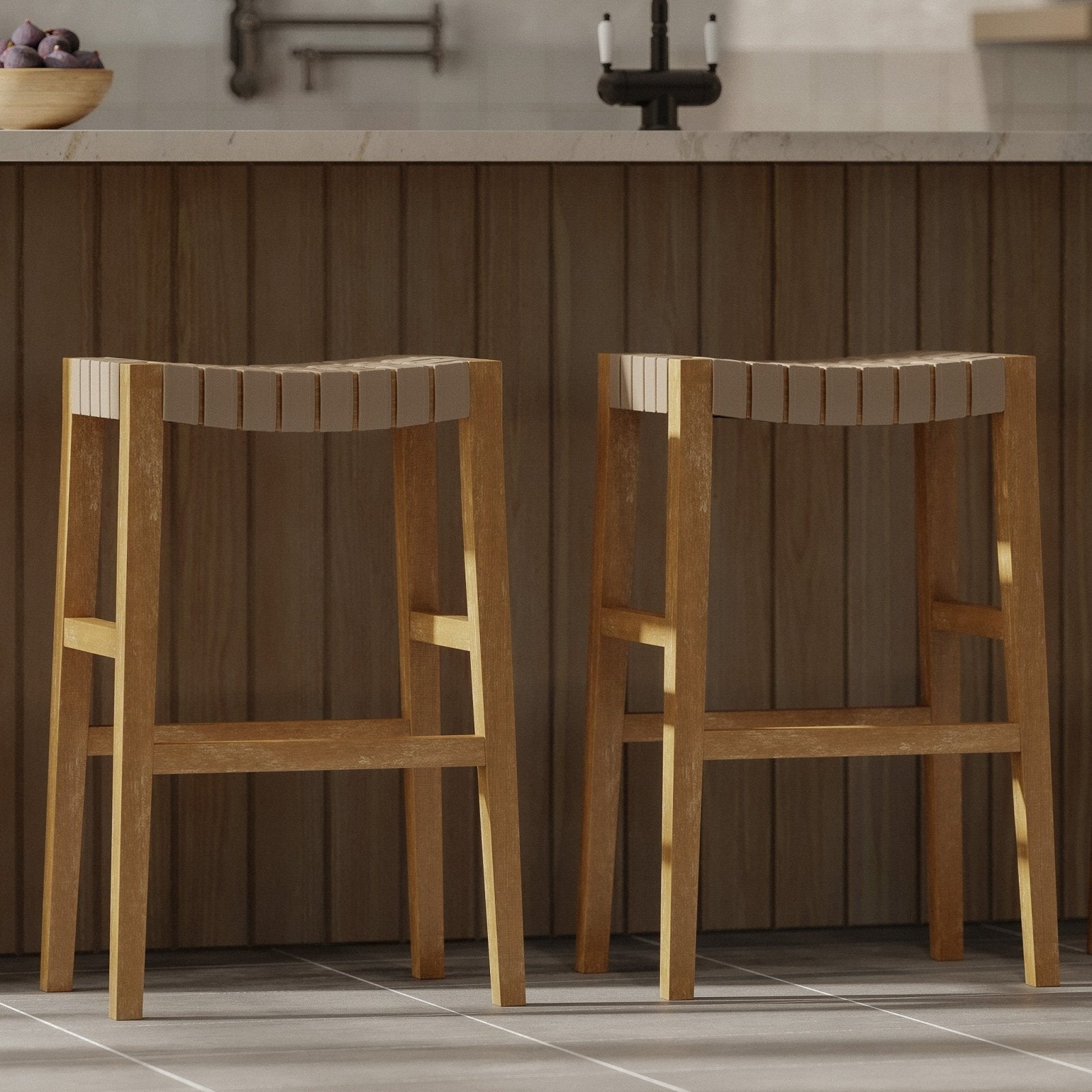 Emerson Bar Stool In Weathered Natural Wood Finish With Avanti Bone Vegan Leather in Stools by Maven Lane