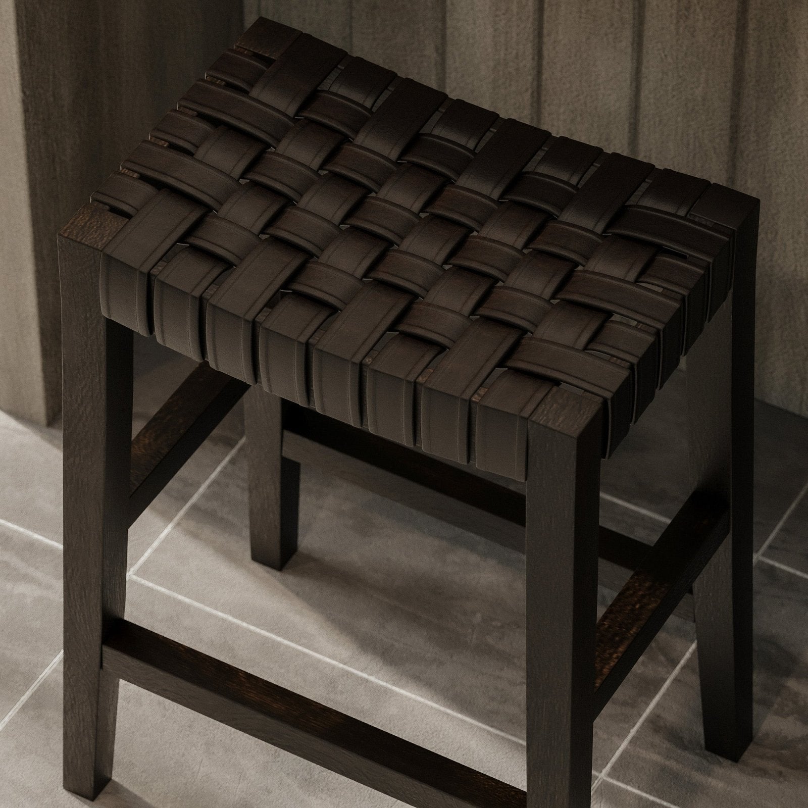 Emerson Counter Stool In Weathered Brown Wood Finish With Marksman Saddle Vegan Leather in Stools by Maven Lane